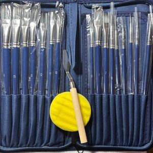 Set of 16 Blue Paintbrushes w/ Palette Knife and zippered case NIP